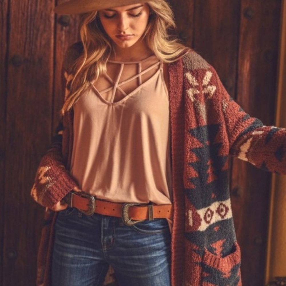 New Aztec Print Western Cowichan Cardigan Sweater - Picture 2 of 8